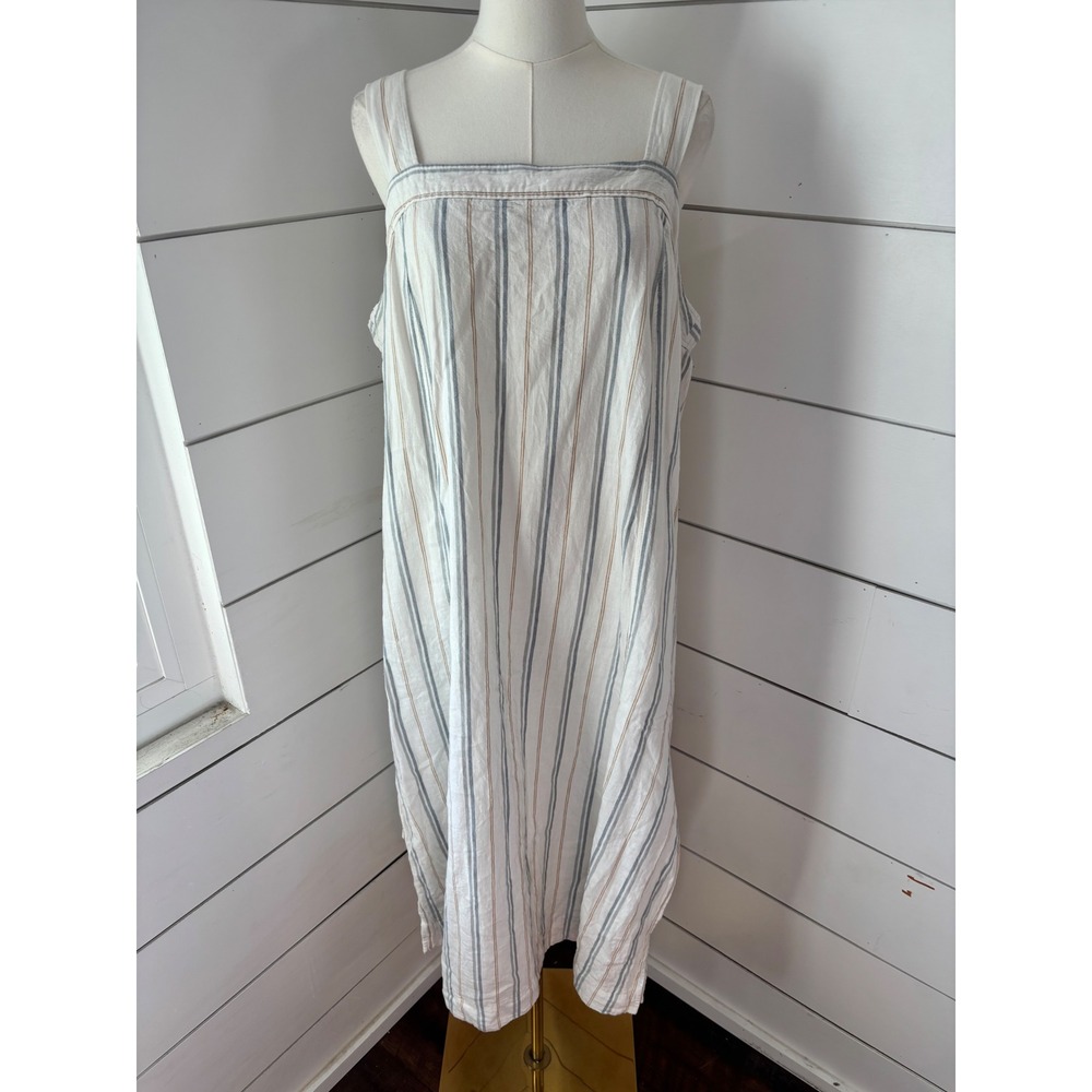 Madewell Striped Linen Cotton Midi Dress Women XXL White Blue Apron Casual